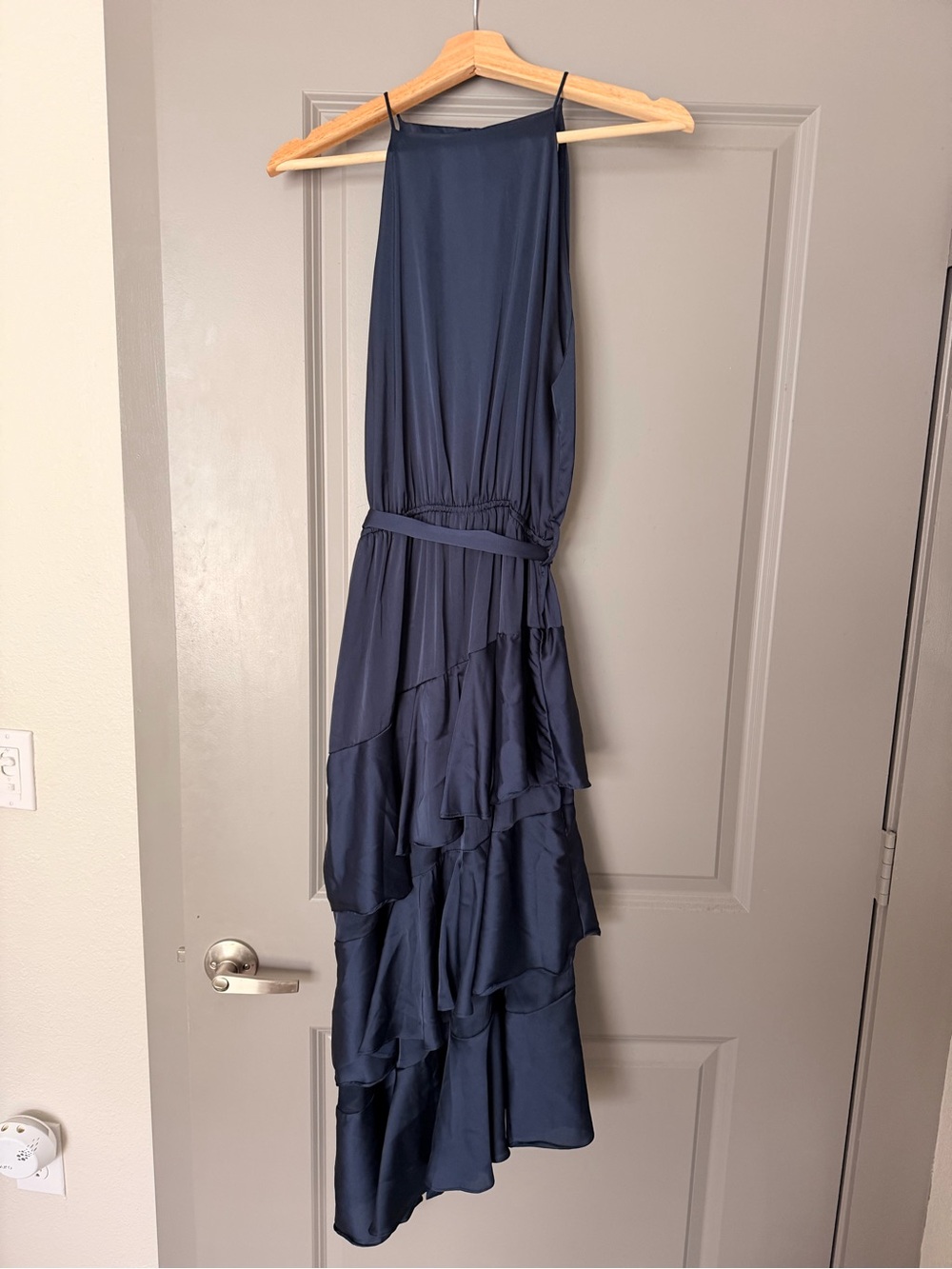 Petal + Pup Saychelle Navy Satin Ruffle Dress Size 6